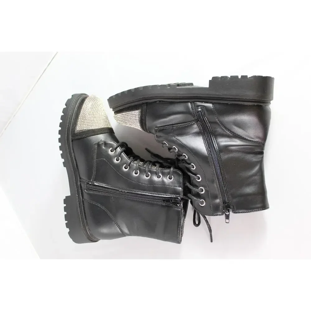 Girls Leslie Lace Up Combat Ankle Boots Black Rhinestone Toe Side Zip Size 2